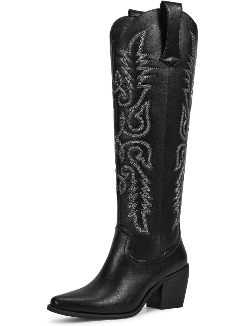Women's Black Leather Knee High Cowgirl WetKiss Embroidered Tall Heel Boots